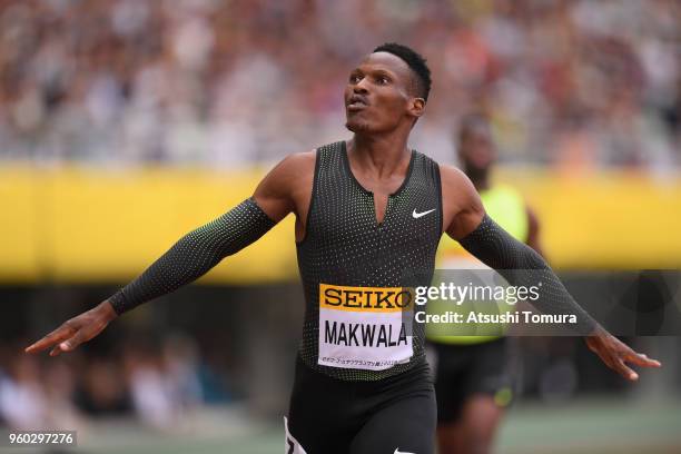 Isaac Makwala of Botswana celebrates winning the finish line to win the Men's 200m during the IAAF Golden Grand Prix at Yanmar Stadium Nagai on May...