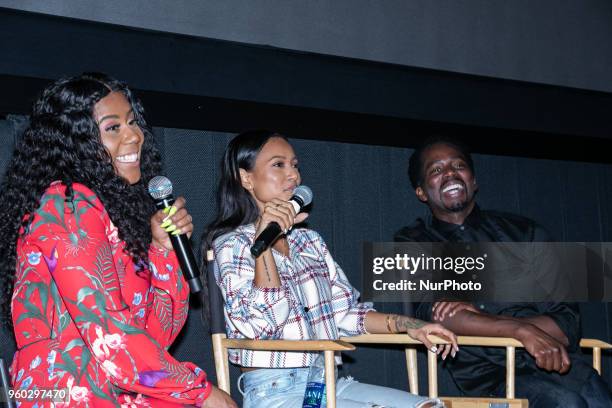 Radio personality Dominique Da Diva moderates a Q&amp;A with &quot;Claws&quot; cast members: Karrueche Tran, and Harold Perrineau, at the season two...