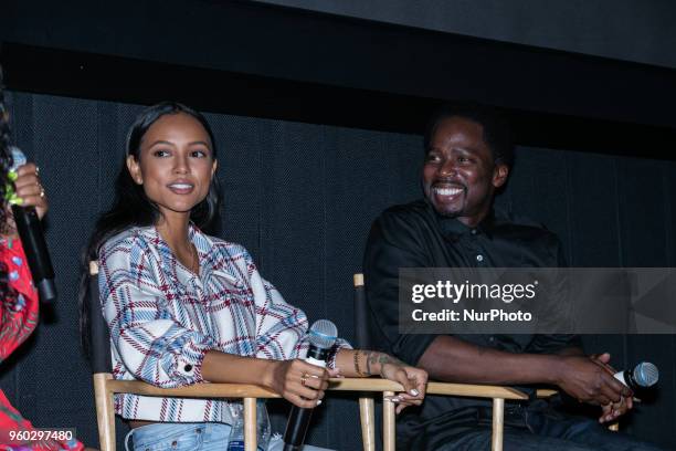 &quot;Claws&quot; cast members: Karrueche Tran, and Harold Perrineau, participate in a Q&amp;A at the season two preview screening of the TV show, at...