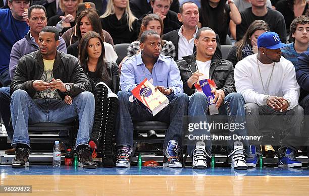 Kerry Rhodes with girlfriend, Darrelle Revis, Dustin Keller and Braylon Edwards attend the Los Angeles Lakers vs New York Knicks game at Madison...