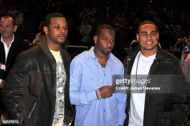 Ny jets players Kerry Rhodes, Darrelle Revis and Dustin Keller attend the Los Angeles Lakers vs New York Knicks game at Madison Square Garden on...