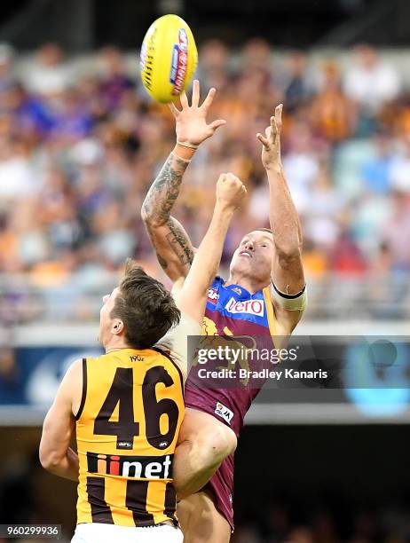 Mitch Robinson of the Lions takes a mark during the round nine AFL match between the Brisbane Lions and the Hawthorn Hawks at The Gabba on May 20,...