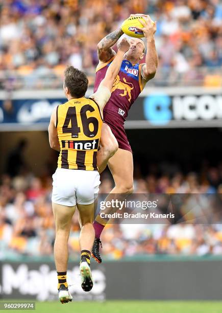 Mitch Robinson of the Lions takes a mark during the round nine AFL match between the Brisbane Lions and the Hawthorn Hawks at The Gabba on May 20,...