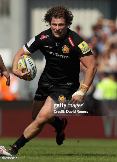 Alec Hepburn of Exeter runs with the ball during the Aviva Premiership Semi Final between Exeter Chiefs and Newcastle Falcons at Sandy Park on May...