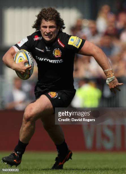 Alec Hepburn of Exeter runs with the ball during the Aviva Premiership Semi Final between Exeter Chiefs and Newcastle Falcons at Sandy Park on May...