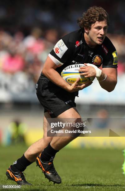 Alec Hepburn of Exeter runs with the ball during the Aviva Premiership Semi Final between Exeter Chiefs and Newcastle Falcons at Sandy Park on May...