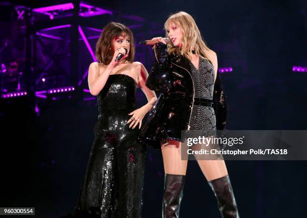 Selena Gomez and Taylor Swift perform onstage during the Taylor Swift reputation Stadium Tour at the Rose Bowl on May 19, 2018 in Pasadena, California