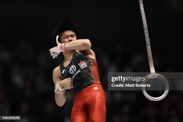 Kazuma Kaya of Japan competes on the rings during day two of the 57th Artistic Gymnastics NHK Trophy at the Tokyo Metropolitan Gymnasium on May 20,...