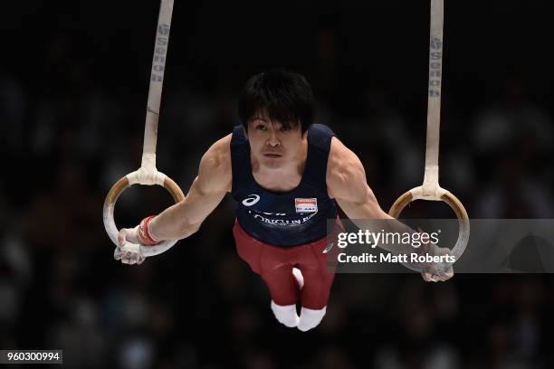 Kohei Uchimura of Japan competes on the rings during day two of the 57th Artistic Gymnastics NHK Trophy at the Tokyo Metropolitan Gymnasium on May...