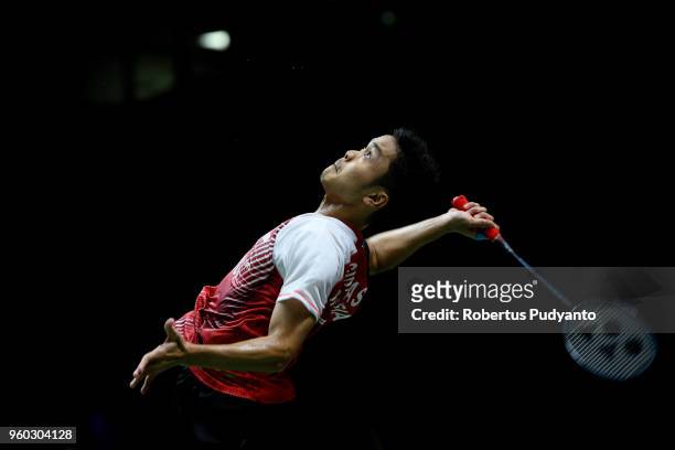 Anthony Sinisuka Ginting of Indonesia competes against Jason Anthony Ho Sue of Canada during qualification match on day one of the BWF Thomas & Uber...