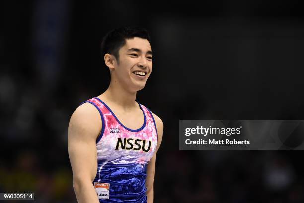 Kenzo Shirai of Japan smiles during day two of the 57th Artistic Gymnastics NHK Trophy at the Tokyo Metropolitan Gymnasium on May 20, 2018 in Tokyo,...