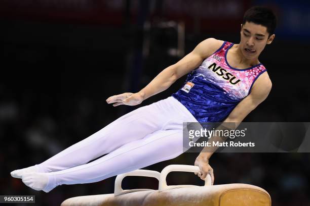 Kenzo Shirai of Japan competes on the pommel horse during day two of the 57th Artistic Gymnastics NHK Trophy at the Tokyo Metropolitan Gymnasium on...