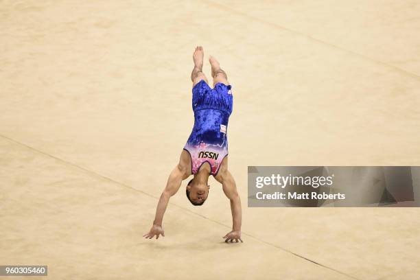 Kenzo Shirai of Japan competes on the floor during day two of the 57th Artistic Gymnastics NHK Trophy at the Tokyo Metropolitan Gymnasium on May 20,...