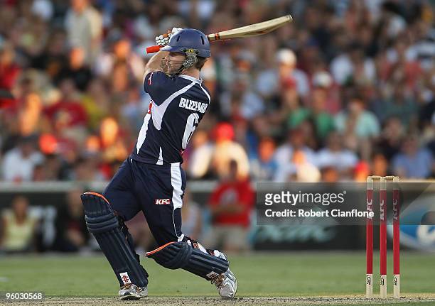 Aiden Blizzard of the Bushrangers bats during the Twenty20 Big Bash match between the South Australian Redbacks and the Victorian Bushrangers at the...