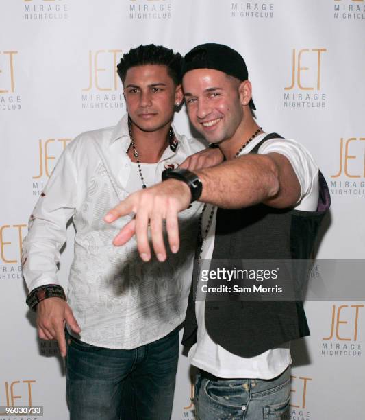 Paul "Pauly D" DelVecchio and Mike "The Situation" Sorrentino from the MTV show, "Jersey Shore" arrive at the Jet Nightclub at the Mirage Hotel &...