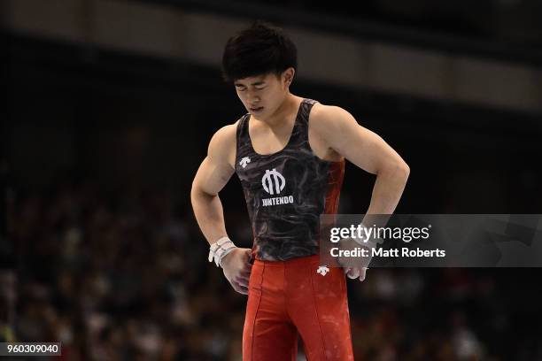 Kakeru Tanigawa of Japan looks dejected during day two of the 57th Artistic Gymnastics NHK Trophy at the Tokyo Metropolitan Gymnasium on May 20, 2018...