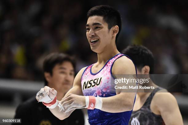 Kenzo Shirai of Japan smiles during day two of the 57th Artistic Gymnastics NHK Trophy at the Tokyo Metropolitan Gymnasium on May 20, 2018 in Tokyo,...