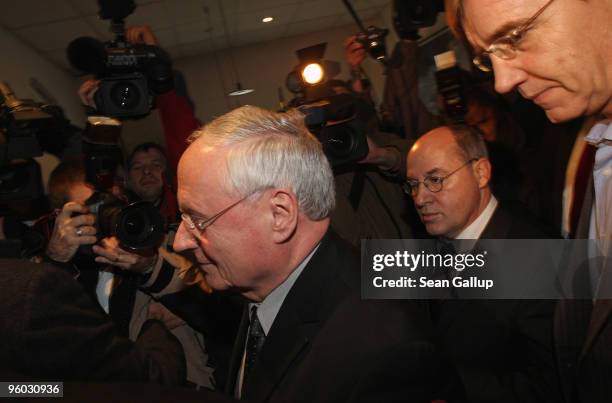 Oskar Lafontaine , Chairman of the German left-wing political party Die Linke, arrives with Die Linke Bundestag faction leaders Gregor Gysi and...