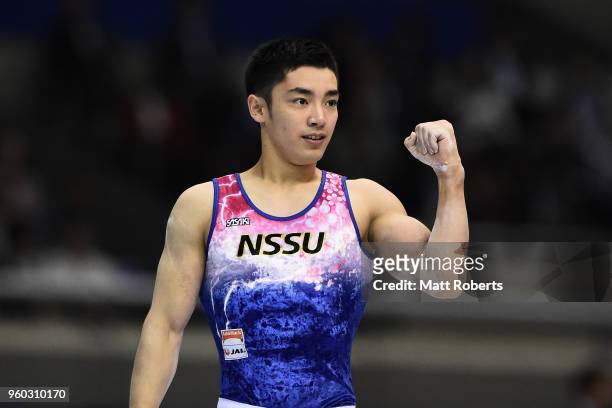 Kenzo Shirai of Japan reacts during day two of the 57th Artistic Gymnastics NHK Trophy at the Tokyo Metropolitan Gymnasium on May 20, 2018 in Tokyo,...