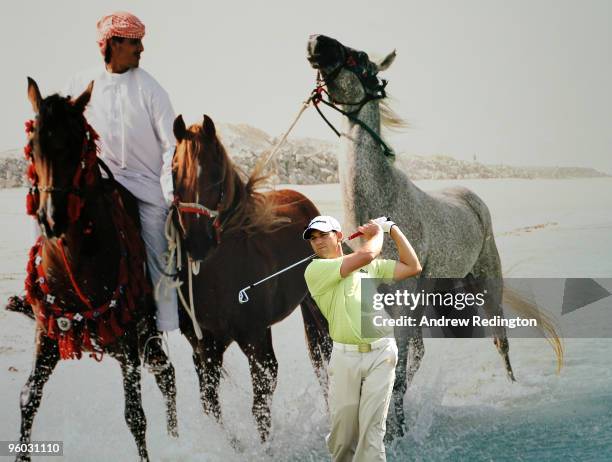 Sergio Garcia of Spain hits his tee-shot on the seventh hole during the third round of The Abu Dhabi Golf Championship at Abu Dhabi Golf Club on...