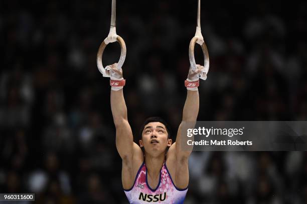 Kenzo Shirai of Japan competes on the rings during day two of the 57th Artistic Gymnastics NHK Trophy at the Tokyo Metropolitan Gymnasium on May 20,...