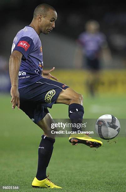 Archie Thompson of the Victory controls the ball during the round 24 A-League match between the Melbourne Victory and Adelaide United at Etihad...