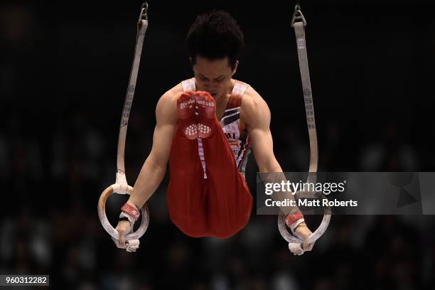 Yusuke Tanaka of Japan competes on the rings during day two of the 57th Artistic Gymnastics NHK Trophy at the Tokyo Metropolitan Gymnasium on May 20,...