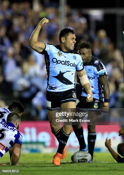 Jesse Ramien of the Sharks celebrates a try during the round 11 NRL match between the Cronulla Sharks and the Canterbury Bulldogs at Southern Cross...