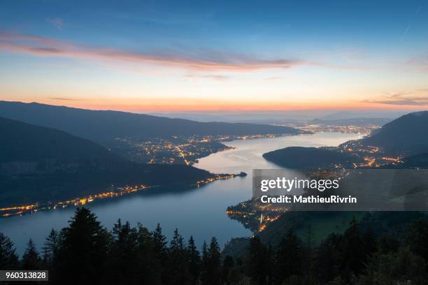 sunset and blue hour in the "lac d'annecy" - rhone alpes stock pictures, royalty-free photos & images