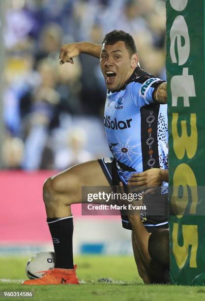 Jesse Ramien of the Sharks celebrates a try during the round 11 NRL match between the Cronulla Sharks and the Canterbury Bulldogs at Southern Cross...