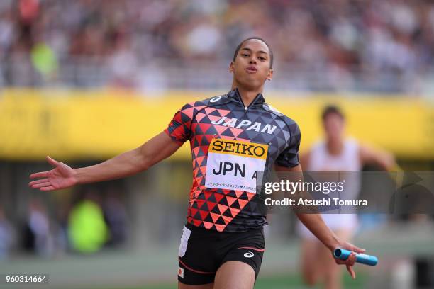 Aska Cambridge of Japan celebrates after winning the Men's x100m Relay during the IAAF Golden Grand Prix at Yanmar Stadium Nagai on May 20, 2018 in...