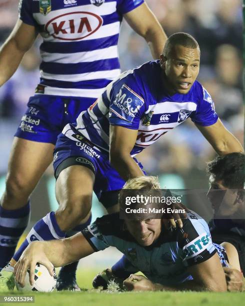 Matt Prior of the Sharks scores a try during the round 11 NRL match between the Cronulla Sharks and the Canterbury Bulldogs at Southern Cross Group...