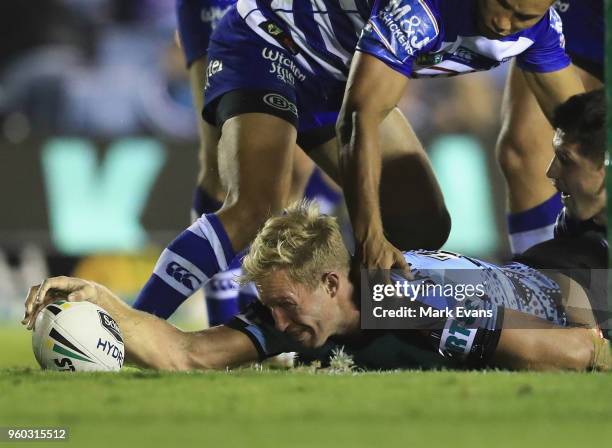 Matt Prior of the Sharks scores a try during the round 11 NRL match between the Cronulla Sharks and the Canterbury Bulldogs at Southern Cross Group...