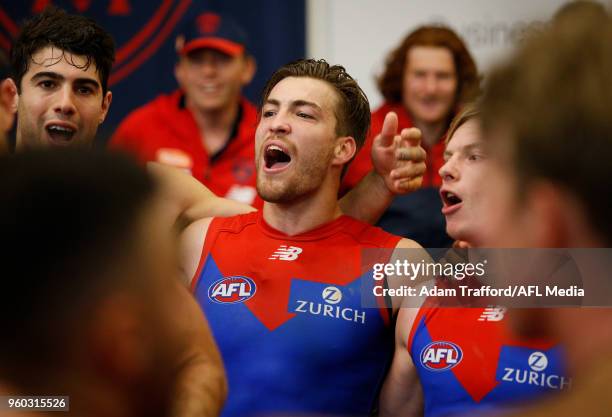 Jack Viney of the Demons sings the team song during the 2018 AFL round nine match between the Carlton Blues and the Melbourne Demons at the Melbourne...