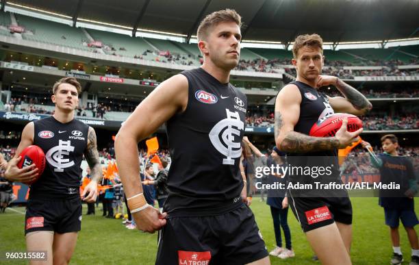 Marc Murphy of the Blues leads the team onto the field during the 2018 AFL round nine match between the Carlton Blues and the Melbourne Demons at the...