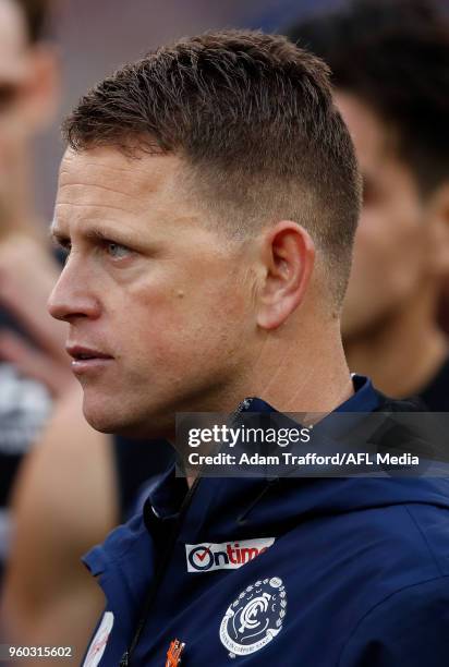 Brendon Bolton, Senior Coach of the Blues addresses his players during the 2018 AFL round nine match between the Carlton Blues and the Melbourne...