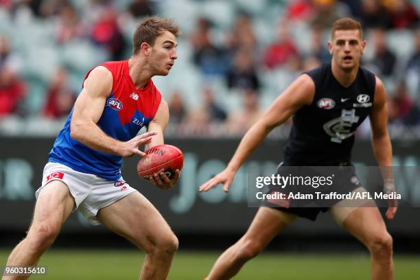 Tim Smith of the Demons in action during the 2018 AFL round nine match between the Carlton Blues and the Melbourne Demons at the Melbourne Cricket...