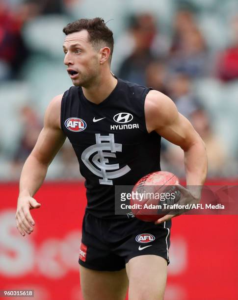 Darcy Lang of the Blues in action during the 2018 AFL round nine match between the Carlton Blues and the Melbourne Demons at the Melbourne Cricket...