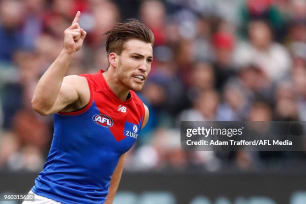 Jack Viney of the Demons celebrates a goal during the 2018 AFL round nine match between the Carlton Blues and the Melbourne Demons at the Melbourne...