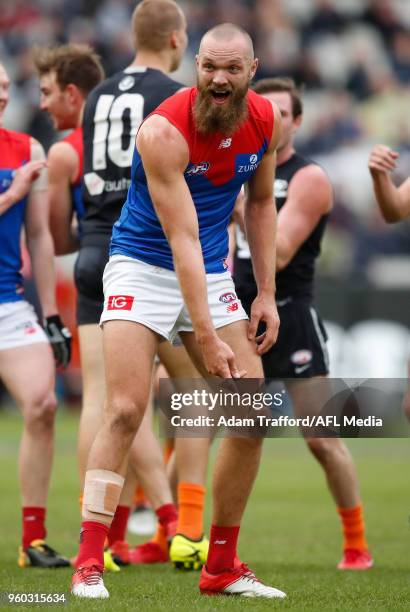 Max Gawn of the Demons argues with the umpire after having a 50m penalty paid against him after he smothered a kick from Harry McKay of the Blues...