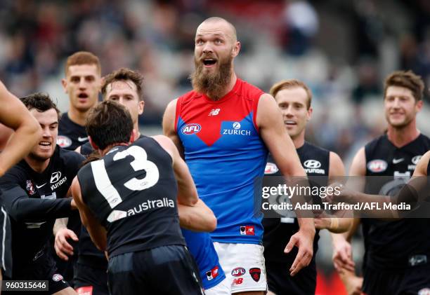 Max Gawn of the Demons looks on in amazement after having a 50m penalty paid against him after he smothered a kick from Harry McKay of the Blues...