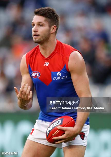 Jesse Hogan of the Demons in action during the 2018 AFL round nine match between the Carlton Blues and the Melbourne Demons at the Melbourne Cricket...