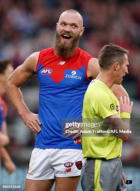 Max Gawn of the Demons reacts to a free kick during the 2018 AFL round nine match between the Carlton Blues and the Melbourne Demons at the Melbourne...