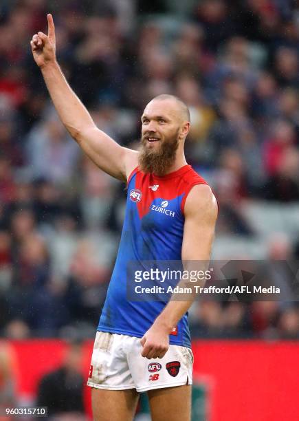 Max Gawn of the Demons celebrates a goal during the 2018 AFL round nine match between the Carlton Blues and the Melbourne Demons at the Melbourne...