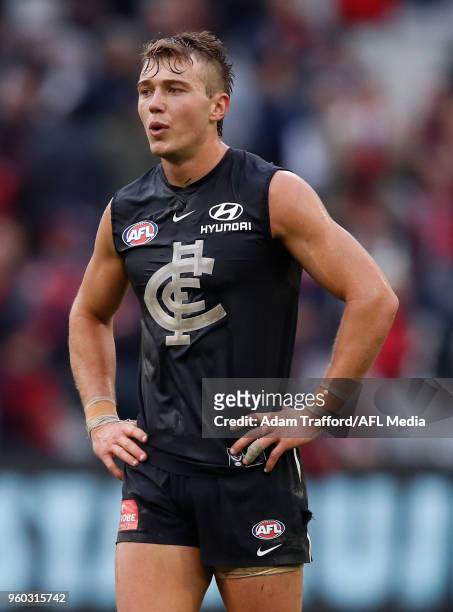 Patrick Cripps of the Blues looks dejected after a loss during the 2018 AFL round nine match between the Carlton Blues and the Melbourne Demons at...