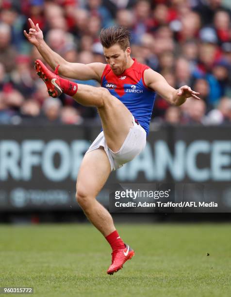 Jack Viney of the Demons kicks the ball during the 2018 AFL round nine match between the Carlton Blues and the Melbourne Demons at the Melbourne...