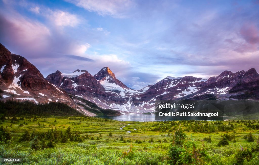 Mount Assiniboine with Lake Magog at Sunset