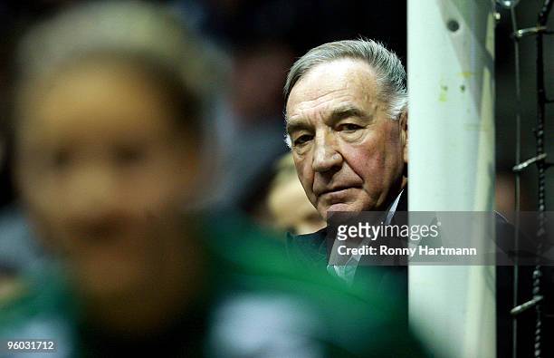 Head coach Bernd Schroeder of 1. FFC Turbine Potsdam looks on during the T-Home DFB Indoor Cup at the Boerdelandhalle on January 23, 2010 in...