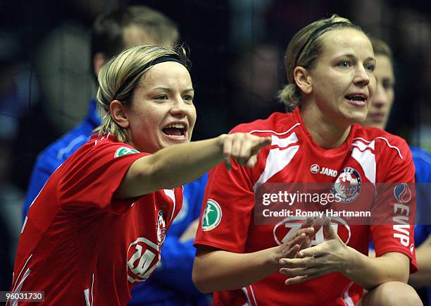 Jennifer Zietz and Viola Odebrecht of 1. FFC Turbine Potsdam gesture during the T-Home DFB Indoor Cup at the Boerdelandhalle on January 23, 2010 in...