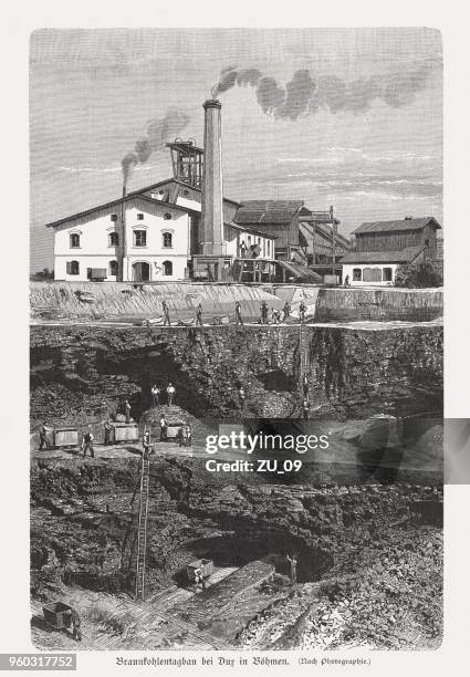 brown coal surface mining near dux (duchcov), bohemia, published 1897 - industrial revolution stock illustrations